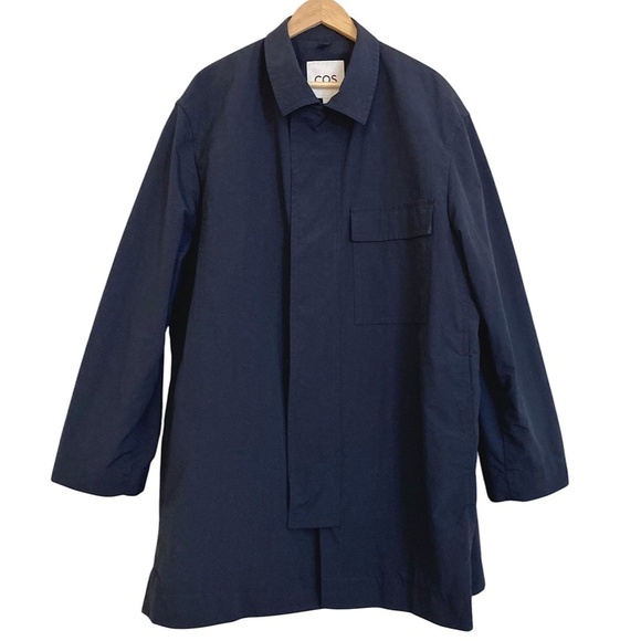 COS Mens Parka Macintosh Coat Snaps Zipper Unlined Inner Drawstring Blue - Picture 1 of 10